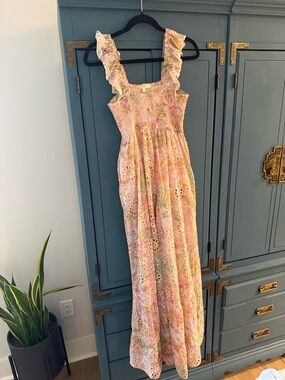 Pastel Pink Smocked Eyelet Jumpsuit with Ruffled Straps